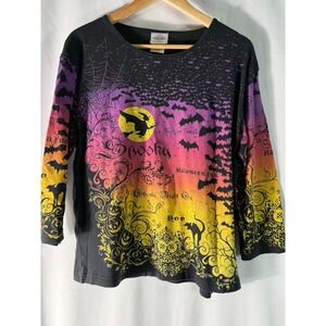 Studio Collection Halloween Shirt Womens XL Black Orange Ombre Witch Bats Cat